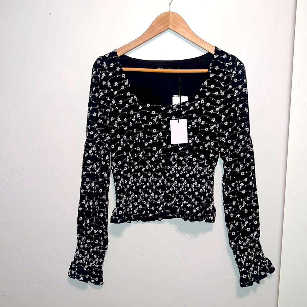New tags, long sleeve floral, black shirt with white flowers
